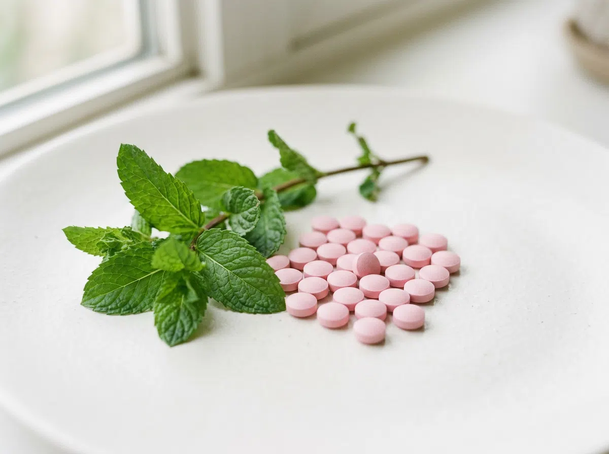 Licht gele capsules naast verse groenblauwe kruidentakjes op een pastelroze achtergrond, zachte grainfotografie