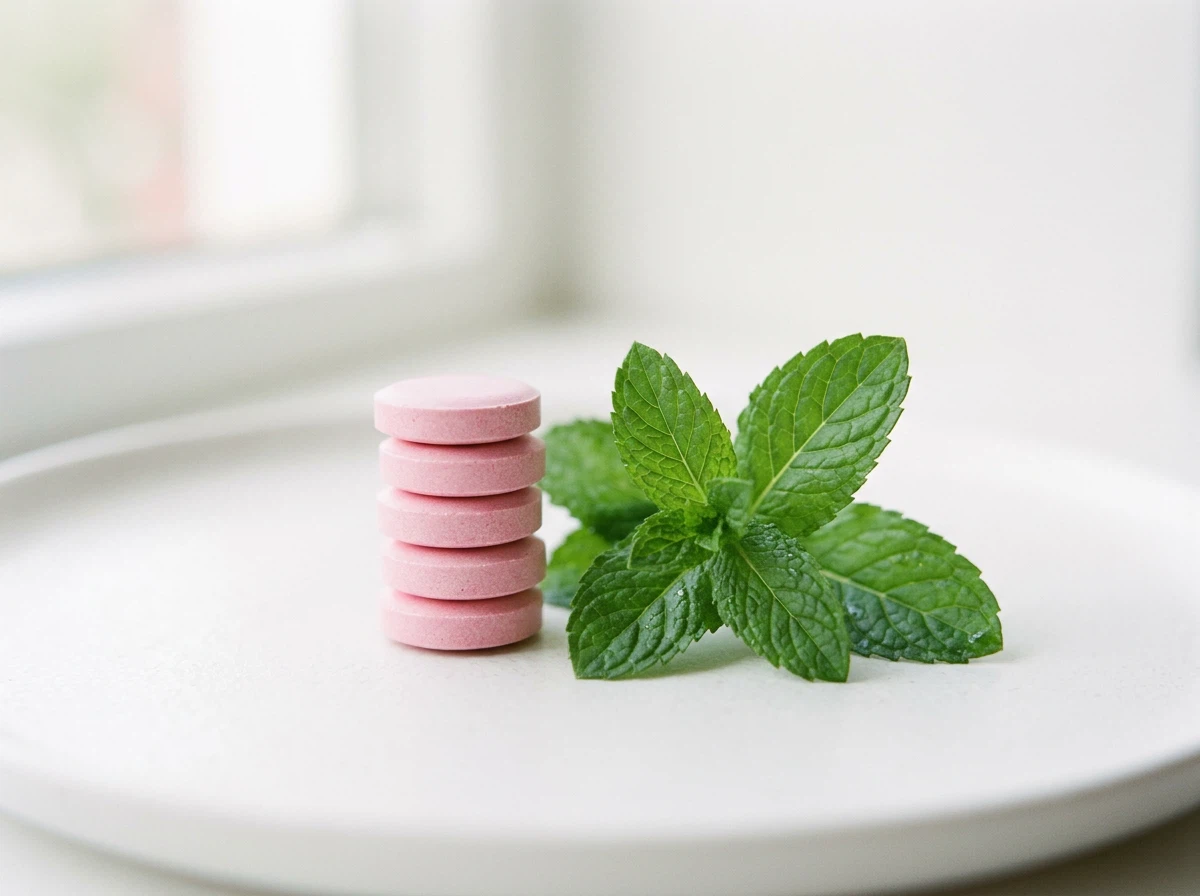 Gestapelde vitamine-tabletten in zachte pastelroze kleurtonen naast mintgroene bladeren op een witte ondergrond