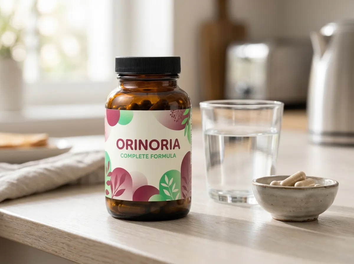 Orinoria Complete Formule glazen pot met rozenbotteltakjes op een lichte keukenachtergrond, zachte grainfotografie