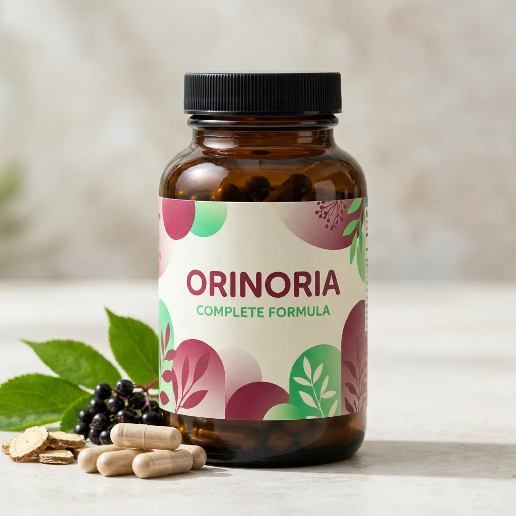Amberen glazen pot met zwarte dop van Orinoria Complete Formule voedingssupplement, zachte studio-achtige belichting
