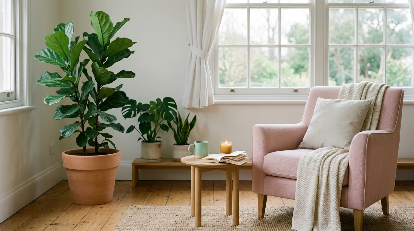 Lichte kantoorruimte met houten tafel, notitieboekje en een glazen pot op een neutrale achtergrond, zachte daglichtfotografie