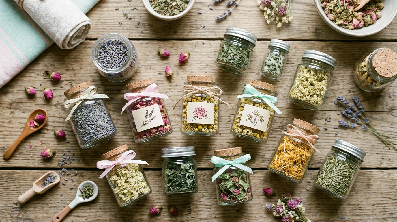Houten tafel met kleine glazen potjes en gedroogde kruiden in zachte daglichtfotografie, ingrediënten bovenaanzicht