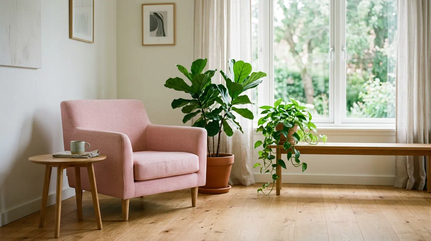 Lichte houten tafel met een gesloten glazen pot en een opengeslagen notitieboekje, zachte pastelroze tint, soft focus