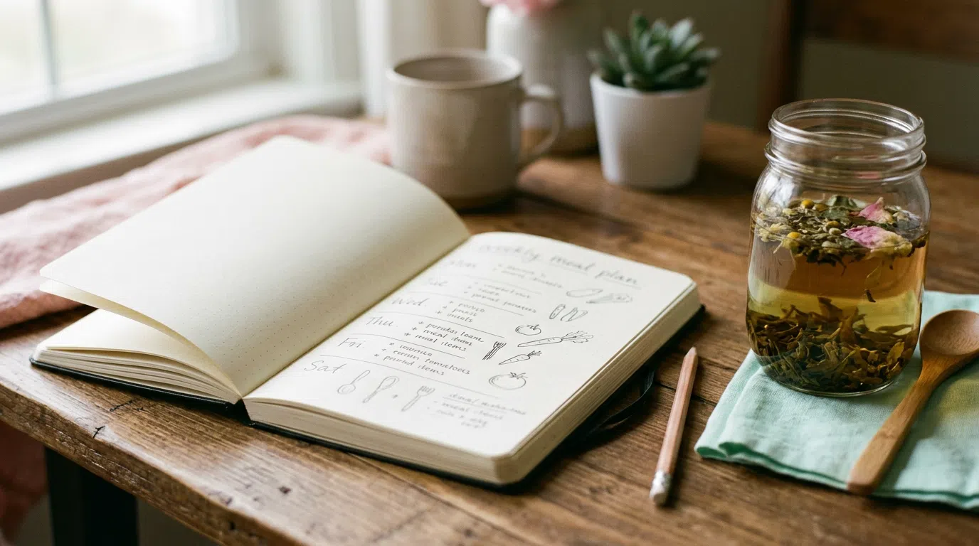 Open notitieboekje met een wekelijks maaltijdplan naast een glazen pot met kruidenthee op een houten bureau, zachte grainfotografie
